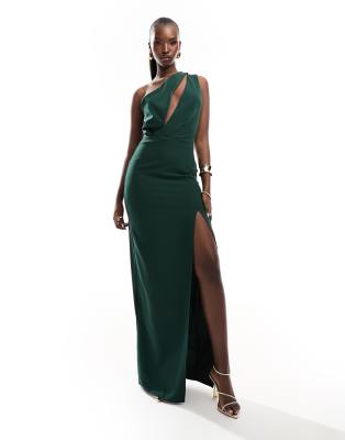 Vesper Exclusive One Shoulder Cut Out Detail Front Spilt Maxi Dress In Forest Green