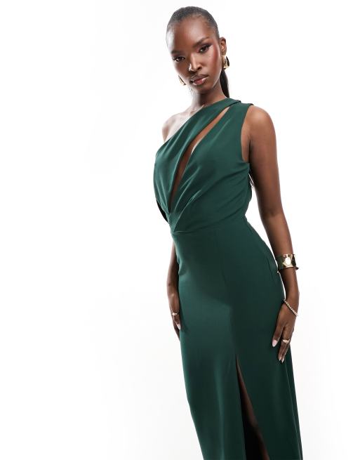 Vesper exclusive one shoulder cut out detail front split maxi dress in  forest green