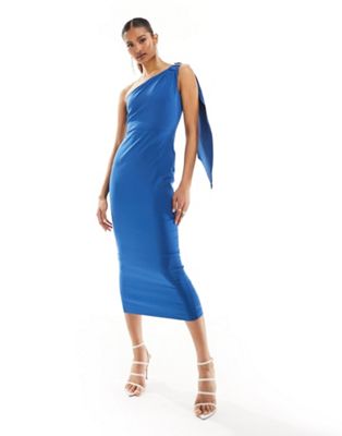 Vesper Exclusive One Shoulder Drape Detail Midaxi Dress In Blue