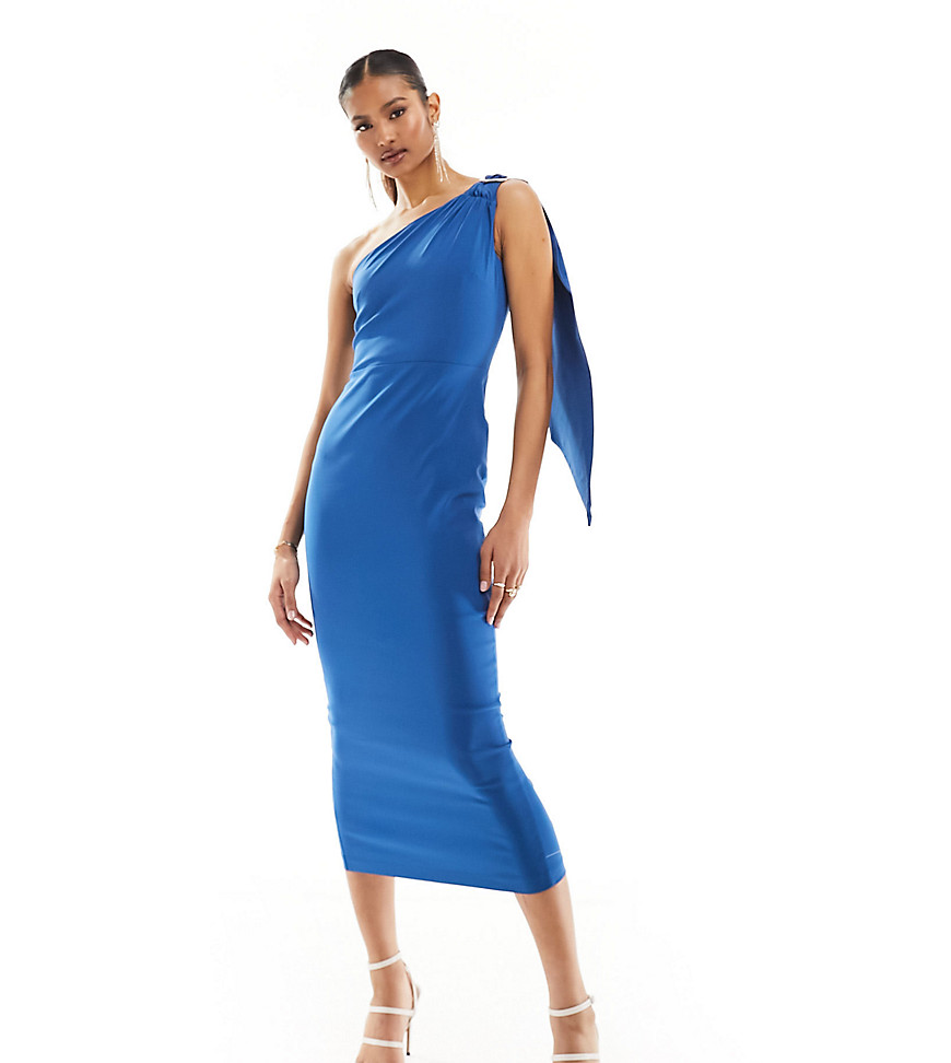 Vesper exclusive one shoulder drape detail midaxi dress in blue