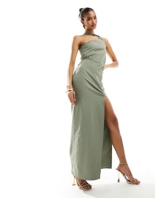 exclusive one shoulder neck detail thigh split maxi dress in olive green