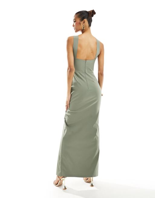 Vesper exclusive one shoulder neck detail thigh split maxi dress in olive  green