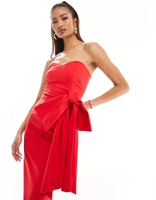 Vesper - Exclusivité - Robe bandeau longue en bengaline avec nœud oversize - Rouge