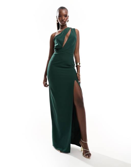 Vesper - Exclusivité - Robe longue asymétrique en bengaline à découpe et fente à l'avant - Vert forêt