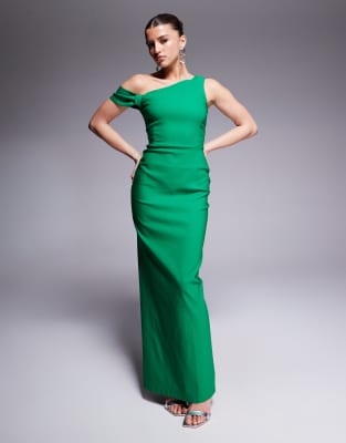 Vesper - Figurbetontes Bodycon-Kleid in Maxilänge aus Bengaline in Smaragdgrün mit Knotendetail und One-Shoulder-Träger
