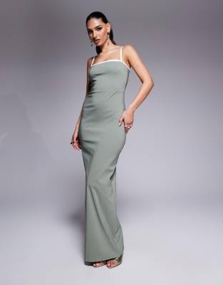 Vesper - Figurbetontes Maxikleid aus Bengaline in Salbeigrün mit eckigem Ausschnitt und farblich abgesetzter Paspelierun...