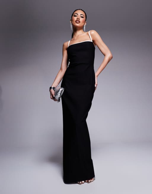 Vesper – Figurbetontes Maxikleid in Schwarz mit eckigem Ausschnitt und farblich abgesetzter Paspelierung
