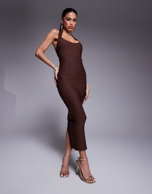 Vesper – Figurbetontes Midaxi-Kleid in Schokobraun mit U-Ausschnitt und Neckholder