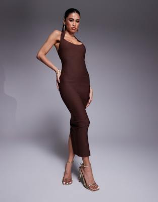 Vesper - Figurbetontes Midaxikleid aus Bengaline in Schokobraun mit U-Ausschnitt und Neckholder