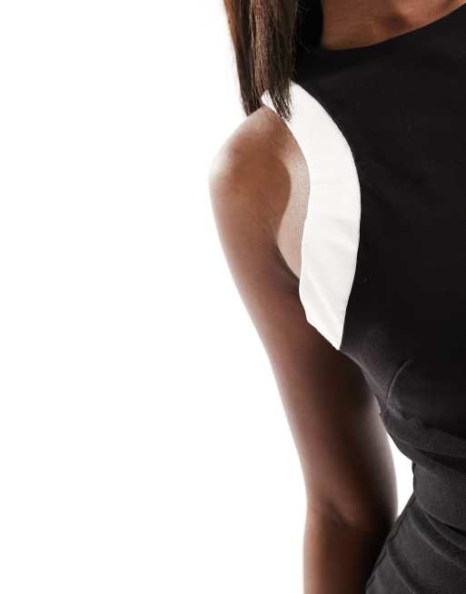 Vesper – Figurbetontes Midikleid in Schwarz mit Ringerrücken und weißen Kontrastdetails, 2 von 4
