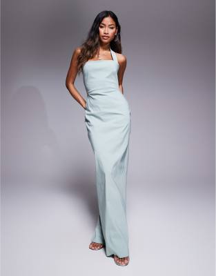 Vesper - Figurbetontes Neckholder-Maxikleid aus Bengaline in Salbeigrün
