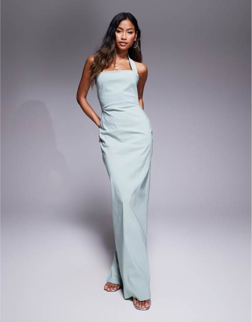 Vesper – Figurbetontes Neckholder-Maxikleid in Salbeigrün