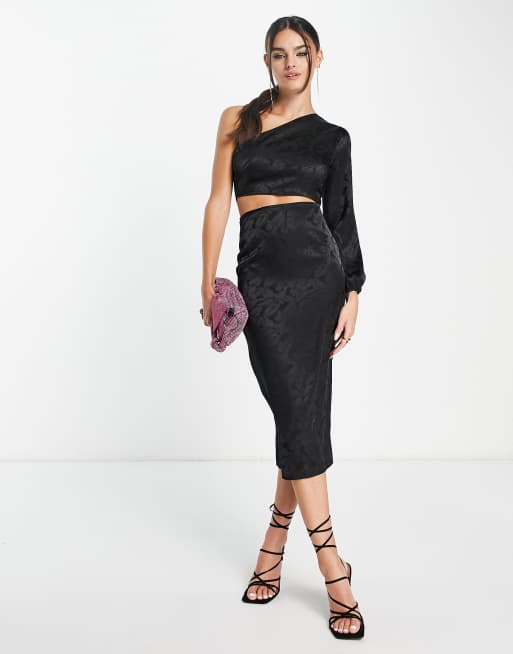 Vesper floral satin one shoulder cut out detail midi dress in black