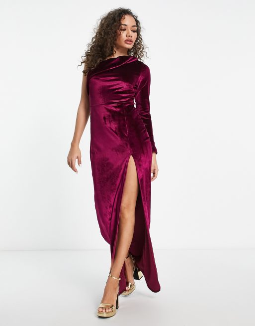 Vesper - Fluwelen maxi jurk met blote schouder in dieppaars