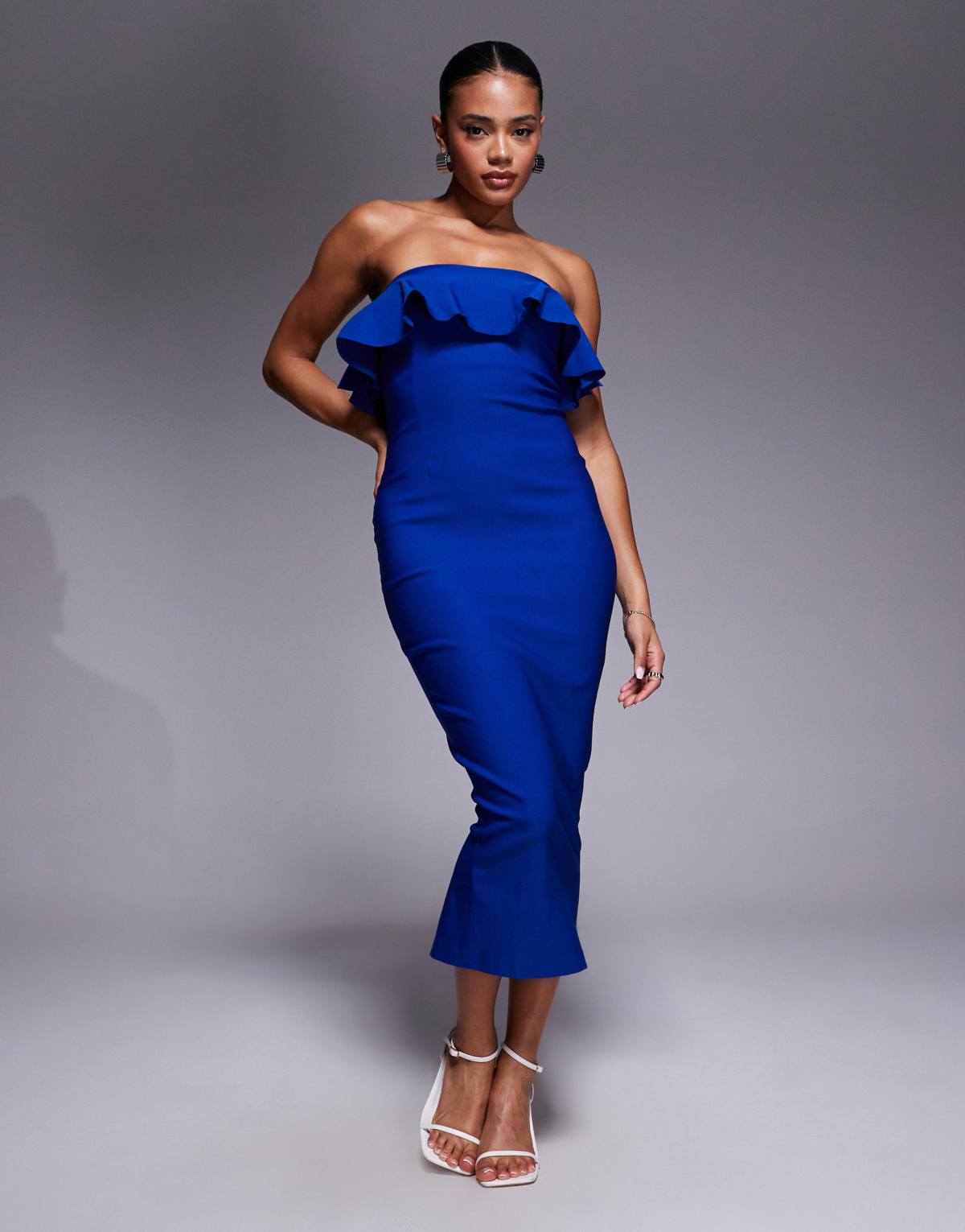 Vesper foldover frill detail midi dress in cobalt