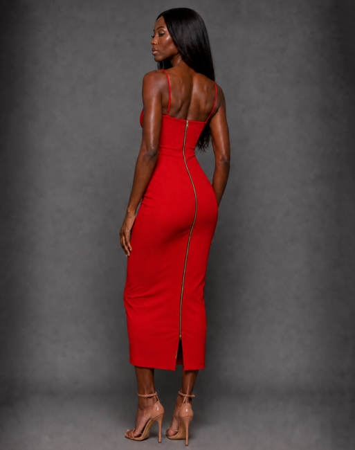 Vesper Front cut out cami strap midaxi dress in red, 5 of 5