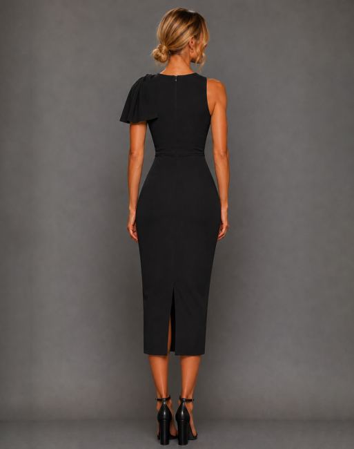 Vesper Gathered shoulder bodycon midaxi dress in black, 3 of 4