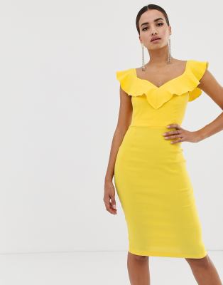 Vesper – Gelbes, figurbetontes Kleid mit Sweetheart-Ausschnitt und Rüschen  | ASOS
