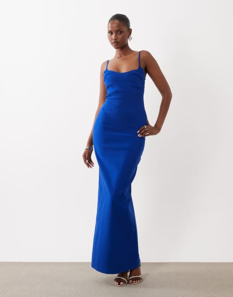Vesper – Gerafftes Camisole-Maxikleid aus Bengaline in Kobaltblau mit Riemchenträgern - view 1