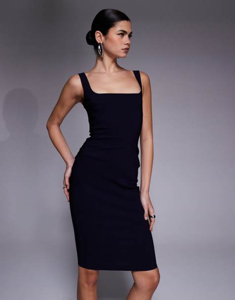 Vesper – Granatowa sukienka midi bodycon z bengaliny z kwadratowym dekoltem - view 1