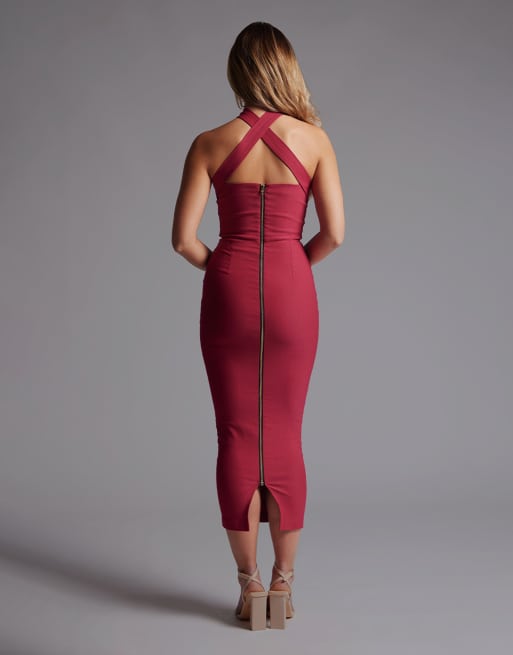 Vesper Halteneck bodycon midaxi dress with cross straps in raspberry, 2 of 4