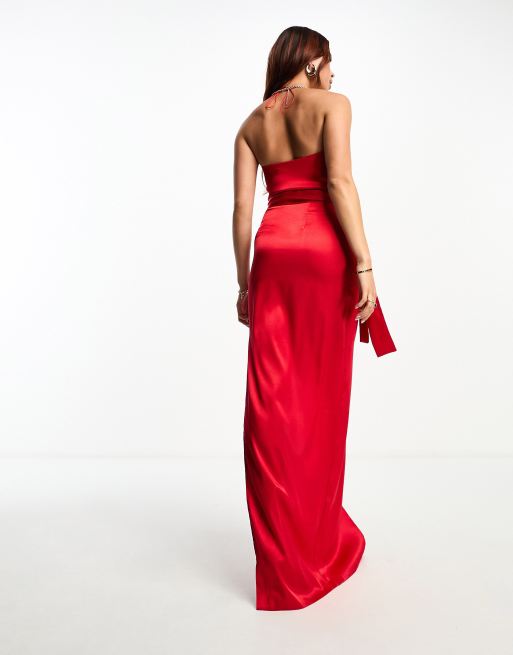 Vesper halter neck maxi dress with side split in red ASOS