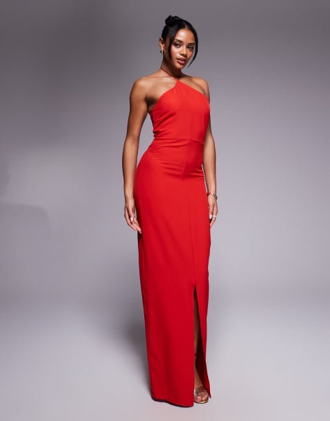 Vesper Halter neck maxi dress with split in red in red - view 1
