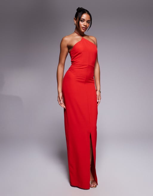Vesper Halter neck maxi dress with split in red in red