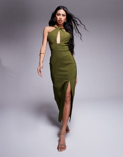 Vesper Halter Neck Midaxi Dress with front cut out in Olive - view 1