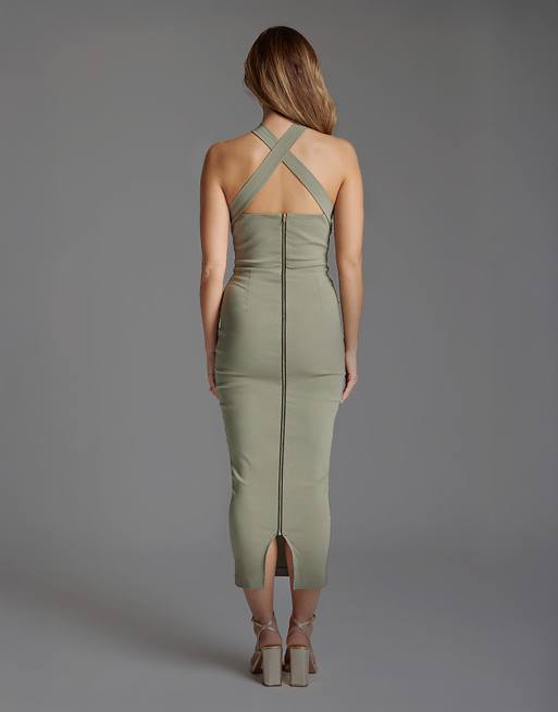 Vesper Halter neck midaxi dress with straps in olive, 2 of 4