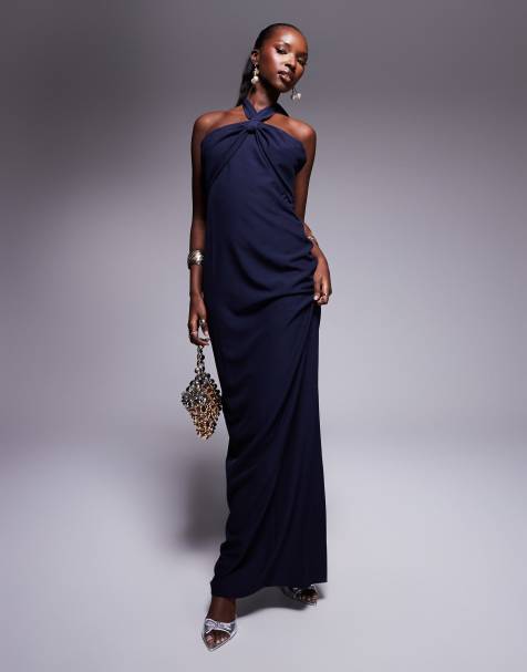 Vesper Halterneck maxi dress with bow in navy in navy - view 1