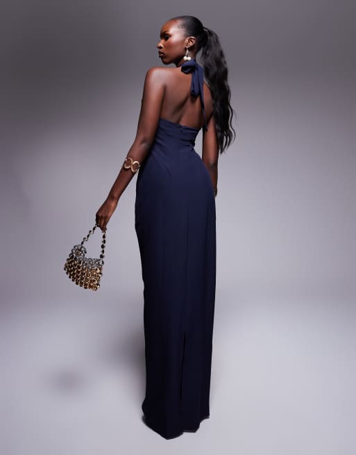 Vesper Halterneck maxi dress with bow in navy in navy, 3 of 4