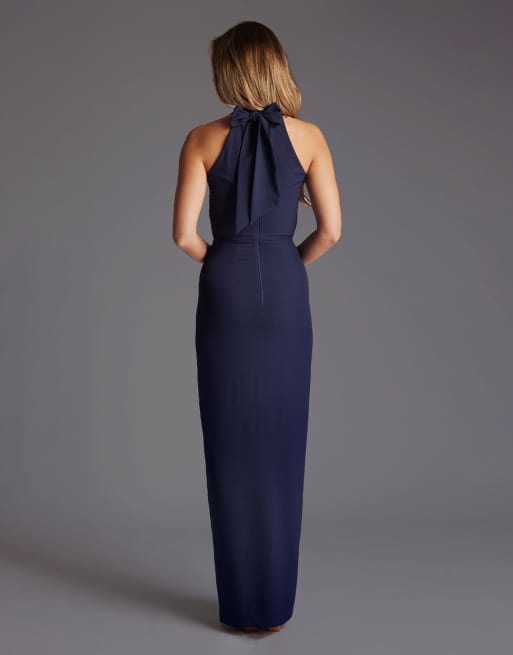 Vesper Halterneck maxi dress with bow in navy, 2 of 4