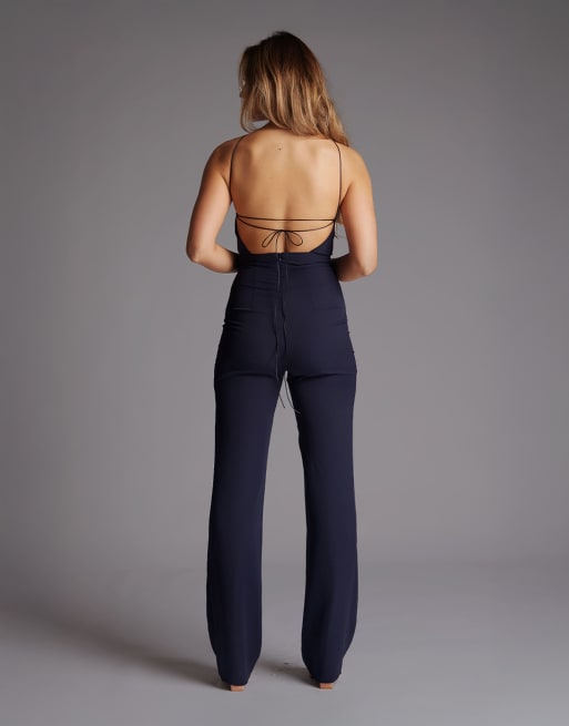 Vesper Halterneck open back wide leg jumpsuit in navy, 2 of 4