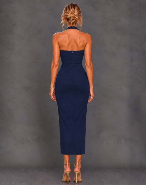 Vesper Halterneck thigh split midaxi dress in navy, 2 of 5