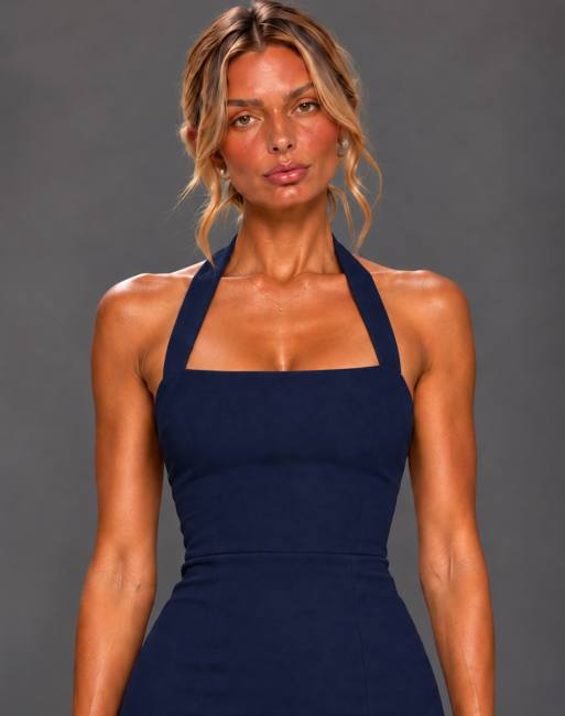 Vesper Halterneck thigh split midaxi dress in navy, 3 of 5