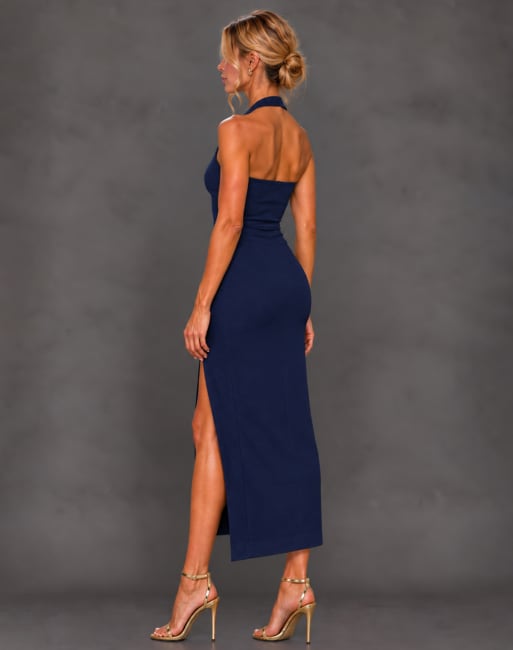Vesper Halterneck thigh split midaxi dress in navy, 5 of 5