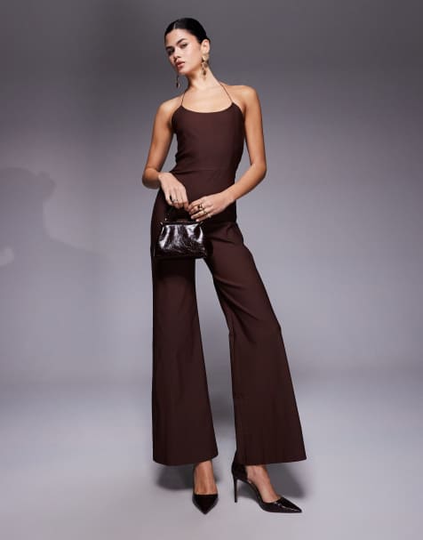 Vesper Halterneck wide leg jumpsuit in chocolate - view 1