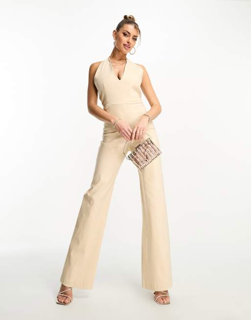 Vesper halterneck wide leg jumpsuit in stone