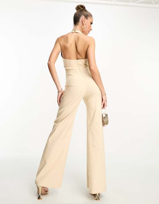 Vesper halterneck wide leg jumpsuit in stone