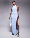 [Vesper] Vesper high cowl neck side split maxi dress in light blue-Black 8 BLUE