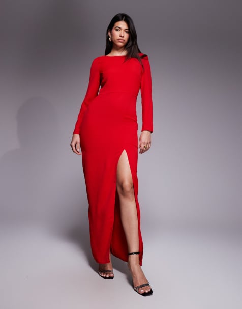 Vesper High neck low back maxi dress with long sleeves in red