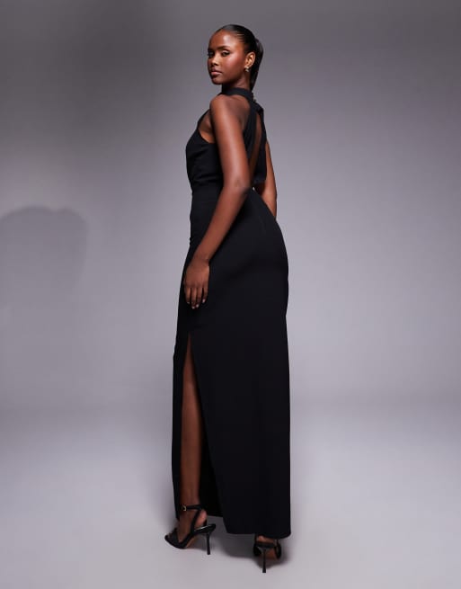 Vesper High neck maxi dress with open back in black, 4 of 4