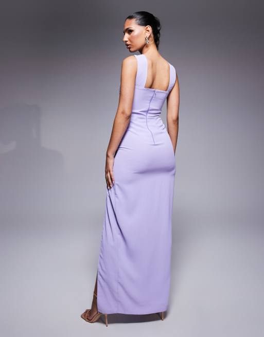 Vesper High neck maxi dress with thigh split in lilac , 3 of 4