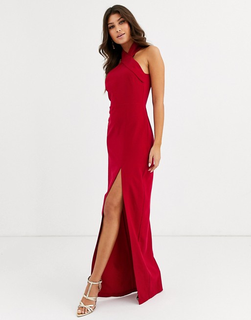 Vesper high neck maxi dress with thigh split in red