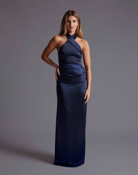 Vesper High neck satin maxi dress with pleats in navy
