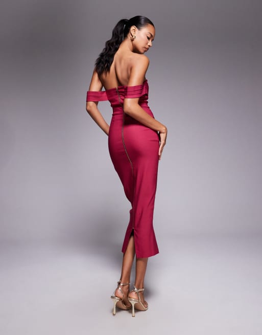 Vesper - Hindbærrød midaxi-kjole med bandeau- og offshoulder-snit og hakdetalje foran, 3 af 4