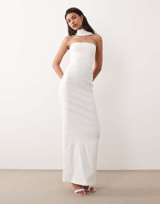 Vesper - Hvid bandeau-maxikjole med choker-halsbånd og knapper på ryggen i bengalin, 2 af 4