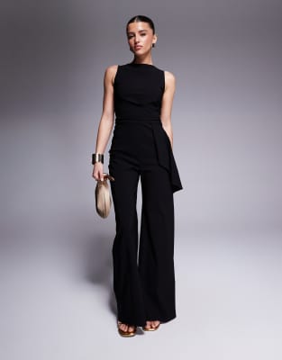 Vesper - Jumpsuit aus Bengaline in Schwarz mit seitlicher Drapierung und weitem Bein