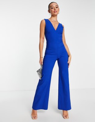 Vesper - Jumpsuit in Kobaltblau mit weitem Bein und tiefem Ausschnitt